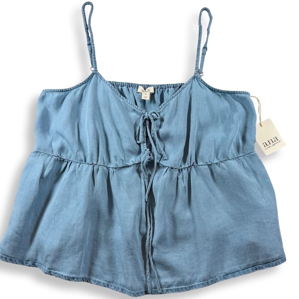 ANA A New Approach Blue‎ Lyocell Tie Front Babydoll Cami Top XL NWT